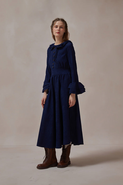 Retro Style Corduroy Flare Sleeve Vintage Dress