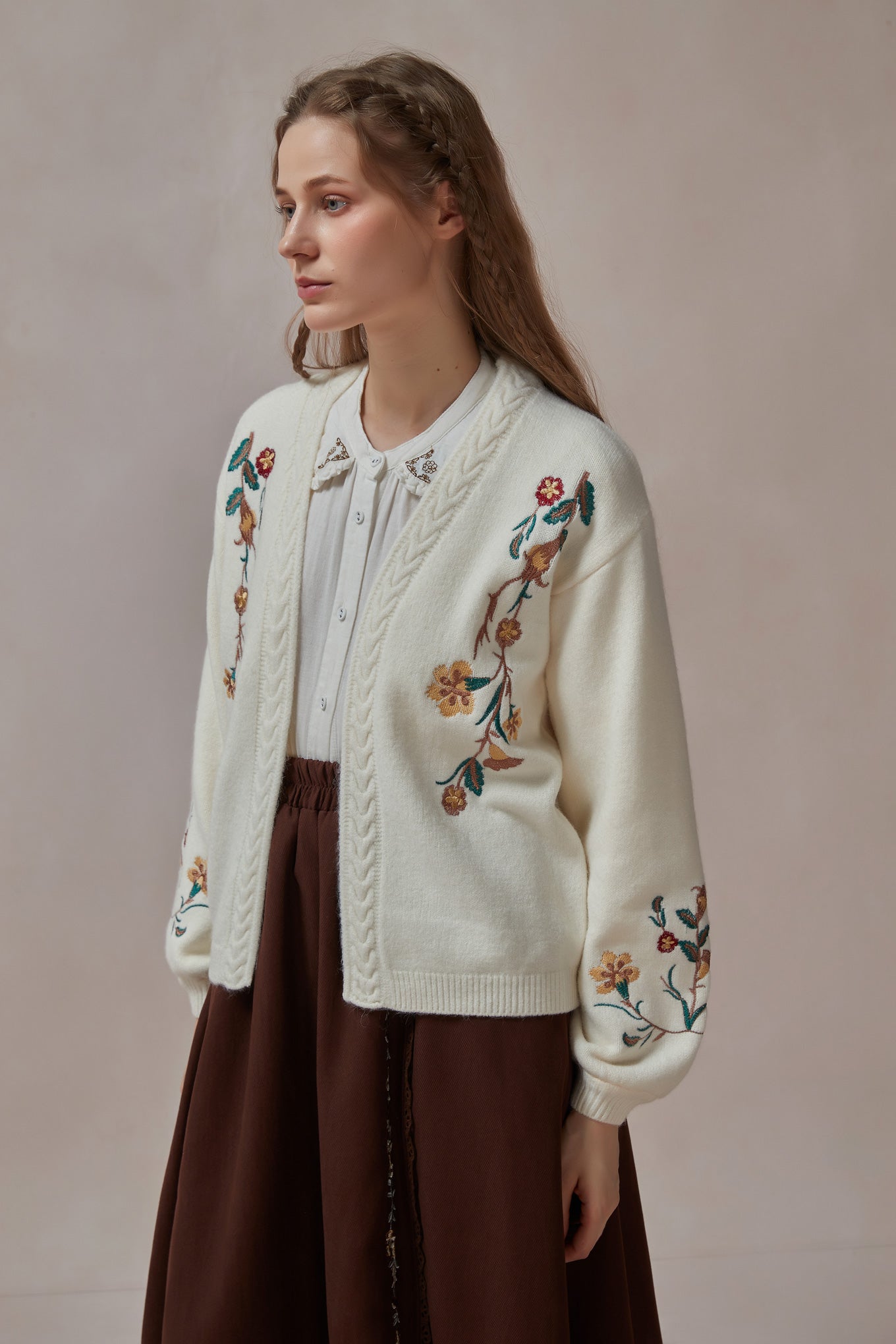 Mori Kei Floral Embroidered White Knit Cardigan