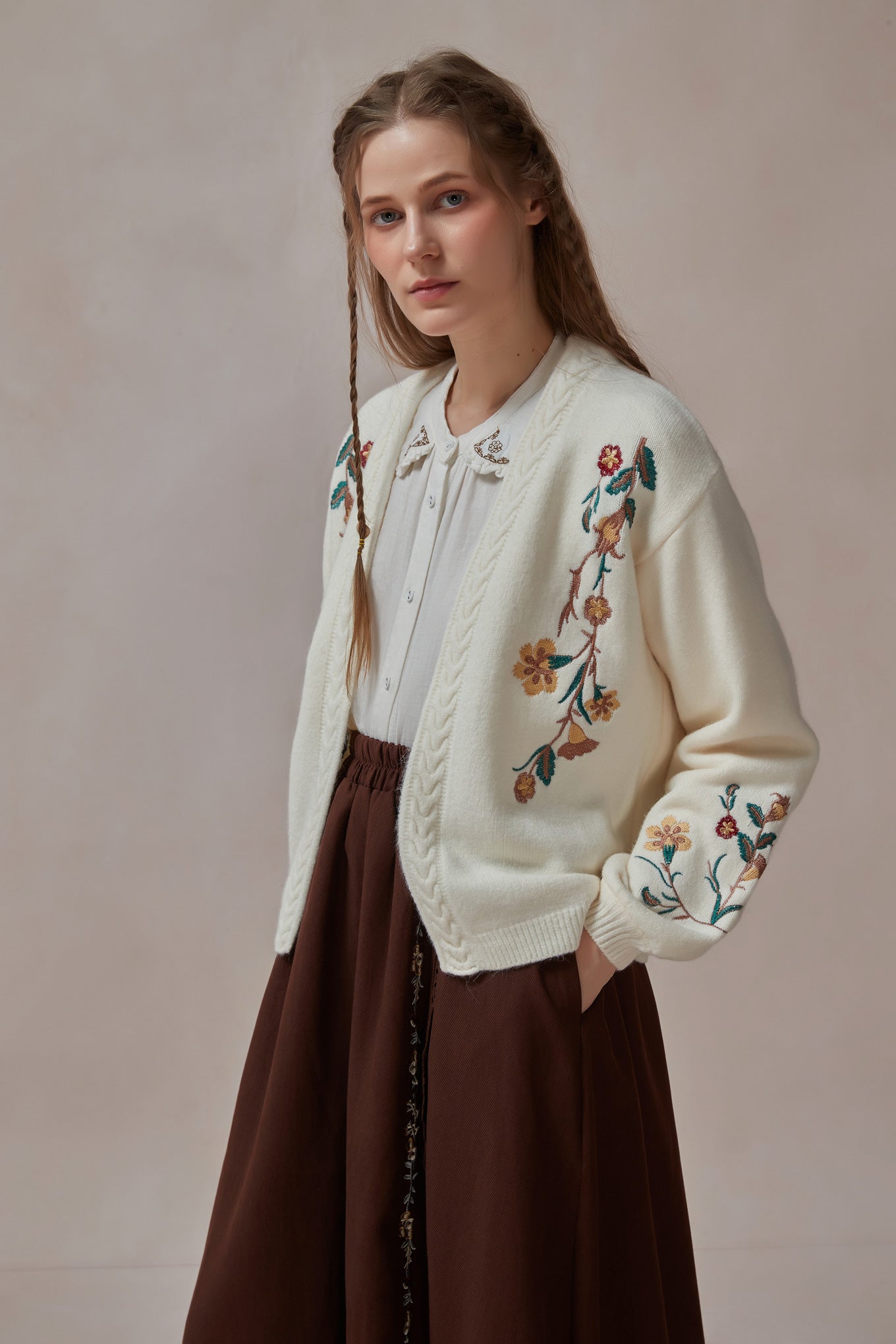 Mori Kei Floral Embroidered White Knit Cardigan