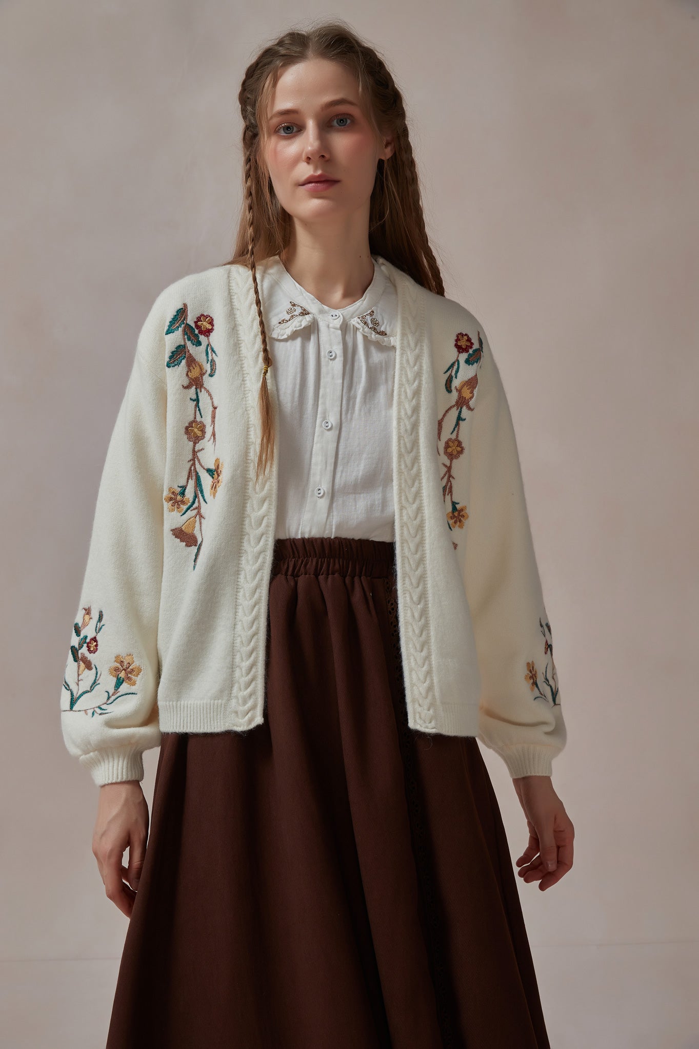 Mori Kei Floral Embroidered White Knit Cardigan