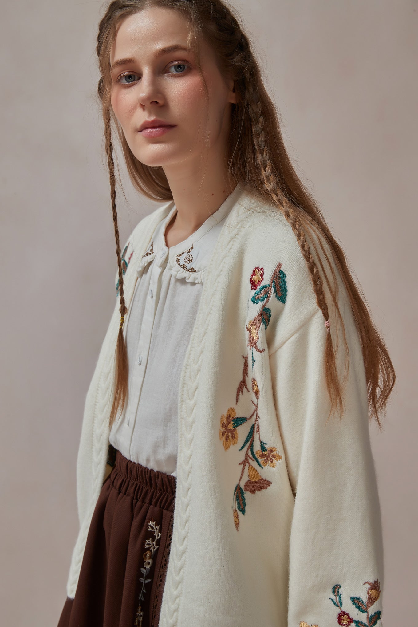 Mori Kei Floral Embroidered White Knit Cardigan