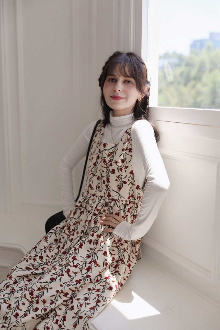 Cottagecore Floral Corduroy Tank Dress