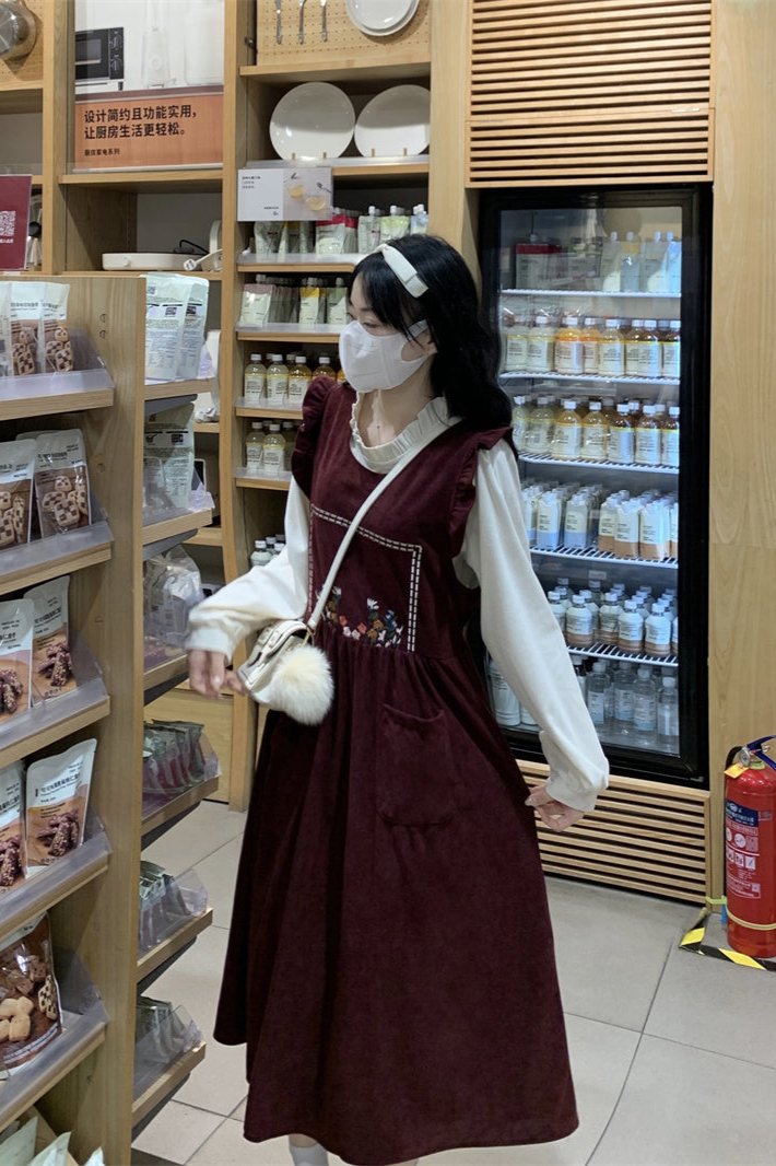 Cottagecore Corduroy Embroidered Tank Dress Shirt 2 Pcs