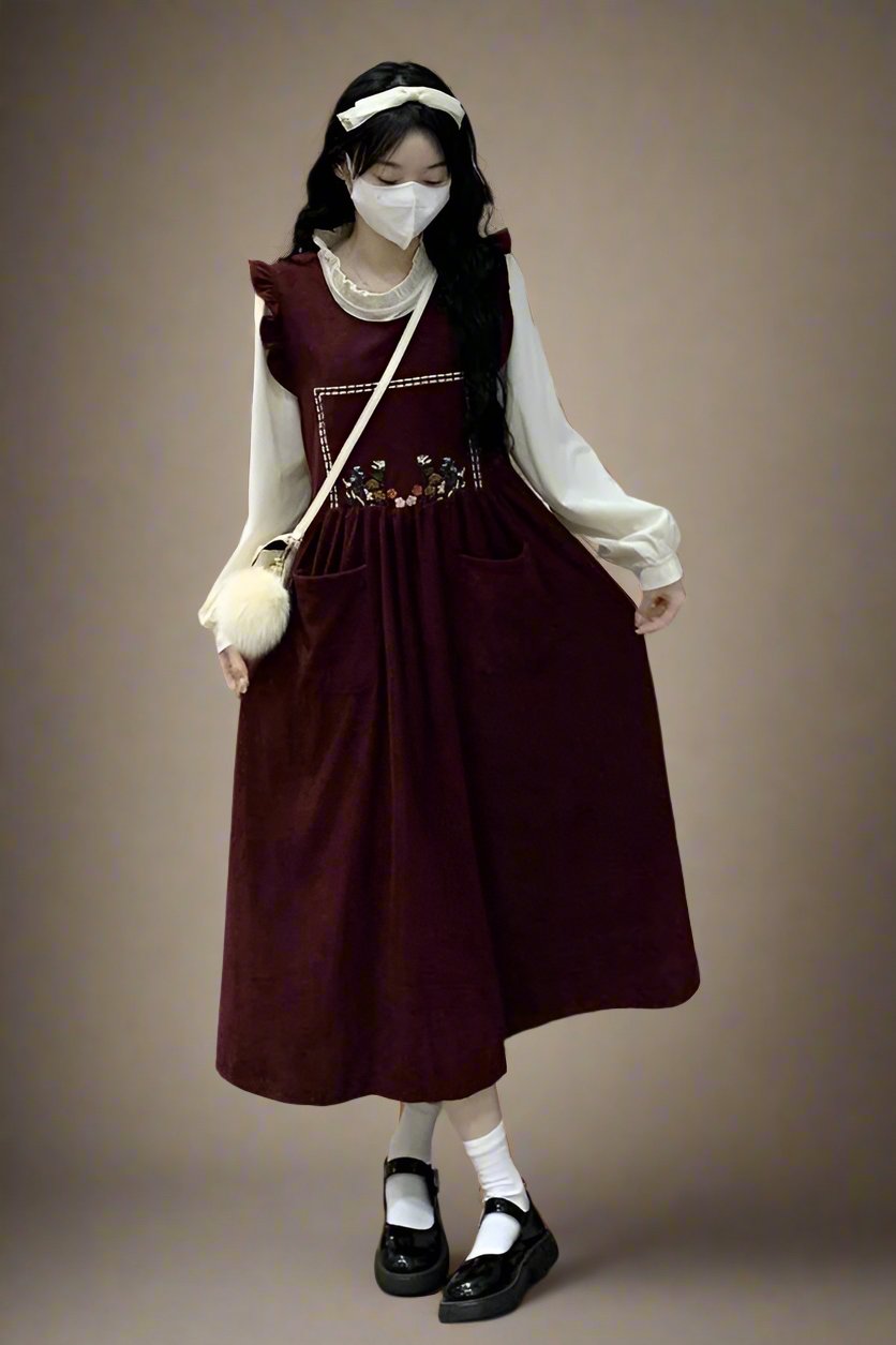 Cottagecore Corduroy Embroidered Tank Dress Shirt 2 Pcs