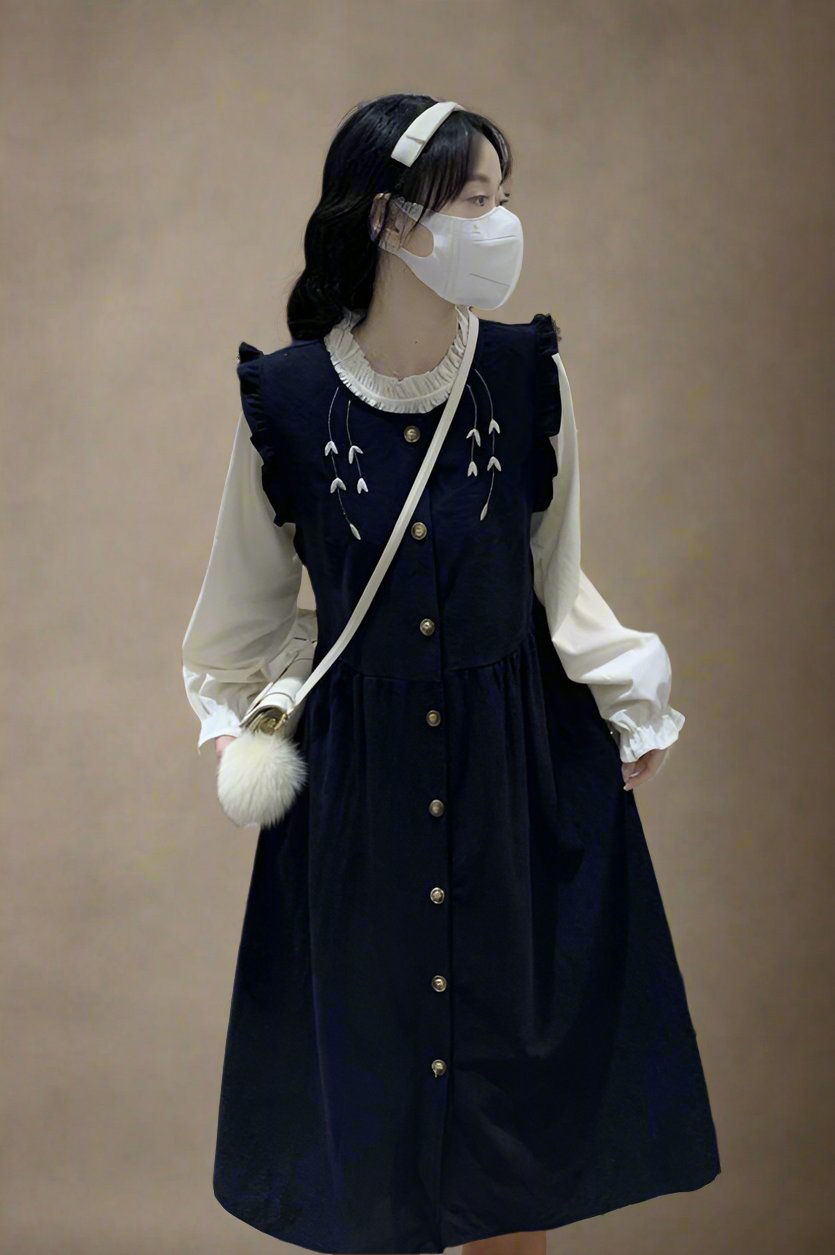 Cottagecore Embroidered Corduroy Tank Dress Blouse 2 Pcs