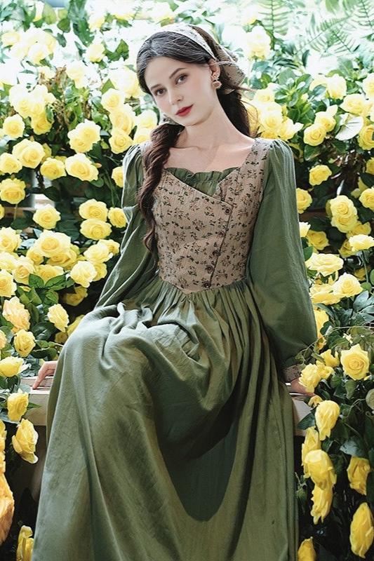 Cottagecore Green Cotton Floral Dress with Kerchief