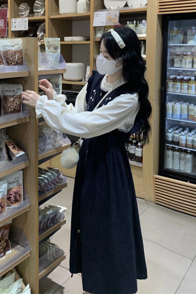 Cottagecore Embroidered Corduroy Tank Dress Blouse 2 Pcs