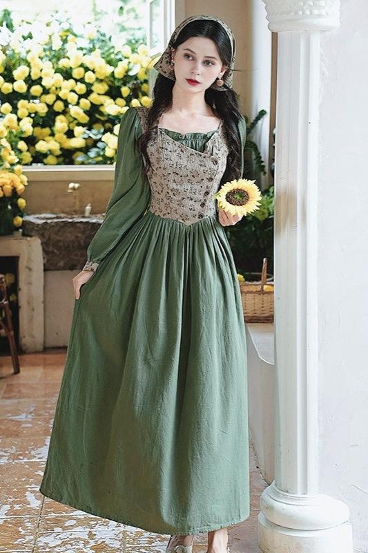 Cottagecore Green Cotton Floral Dress with Kerchief