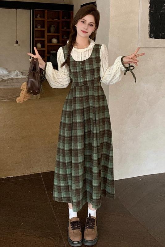 Vintage Style Green Plaid Long Dress