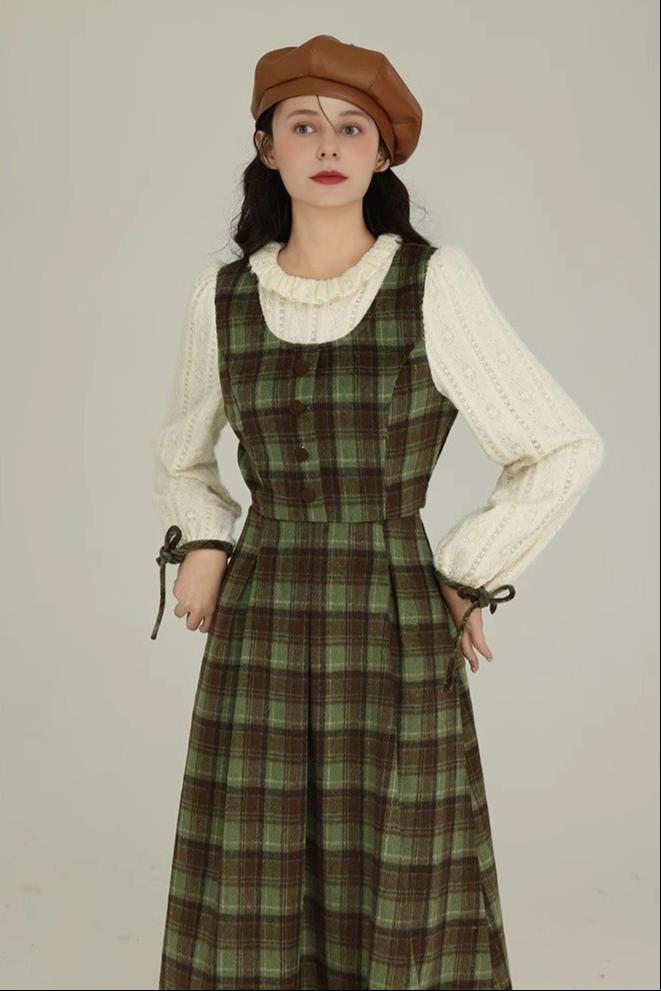 Vintage Style Green Plaid Long Dress
