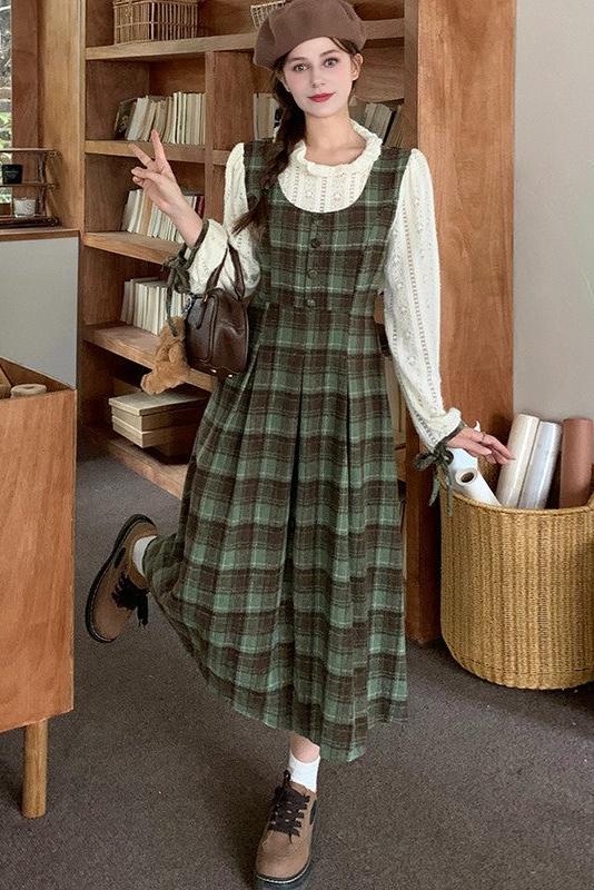 Vintage Style Green Plaid Long Dress