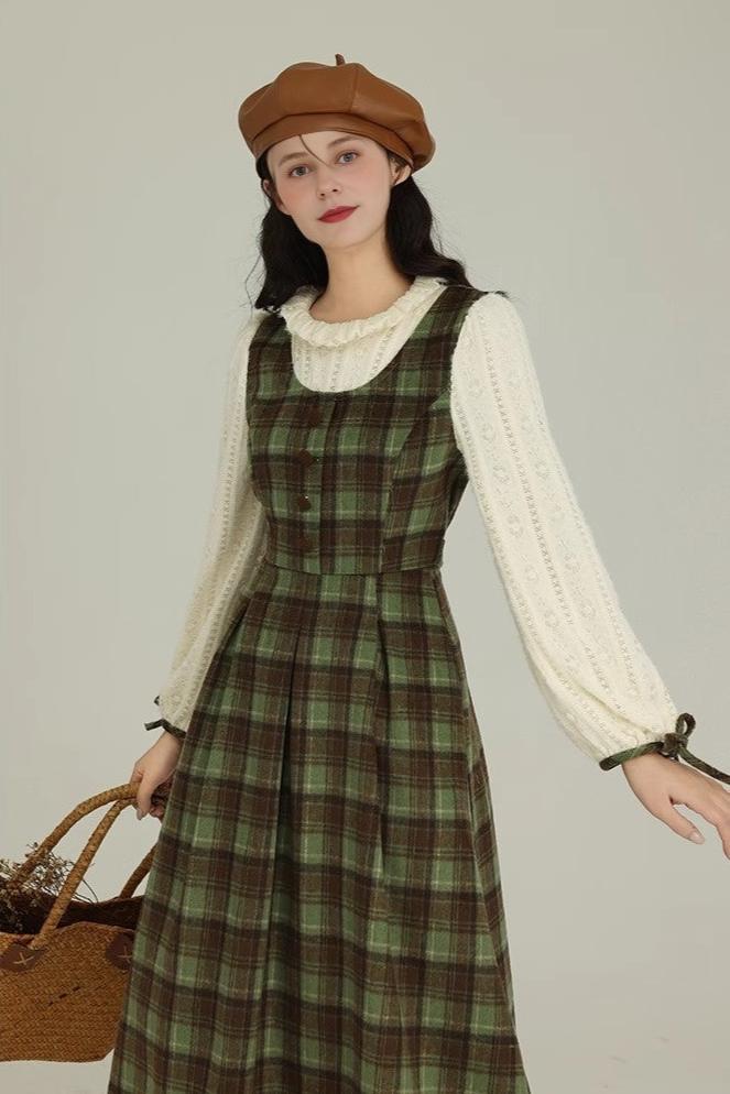 Vintage Style Green Plaid Long Dress