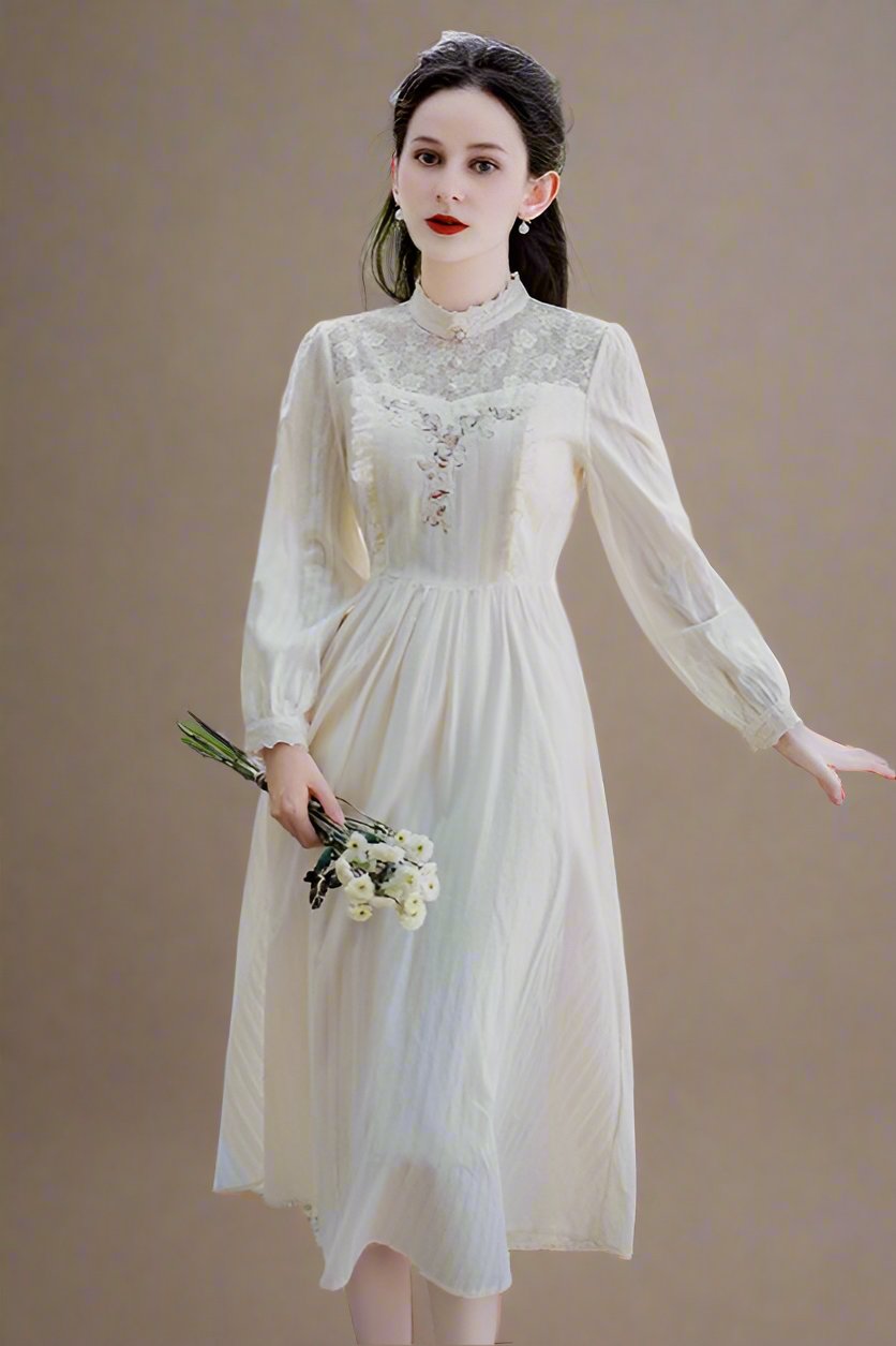 Vintage Style Embroidered White Dress