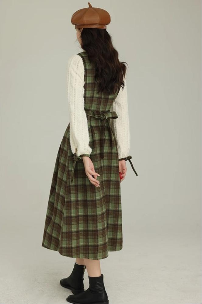 Vintage Style Green Plaid Long Dress