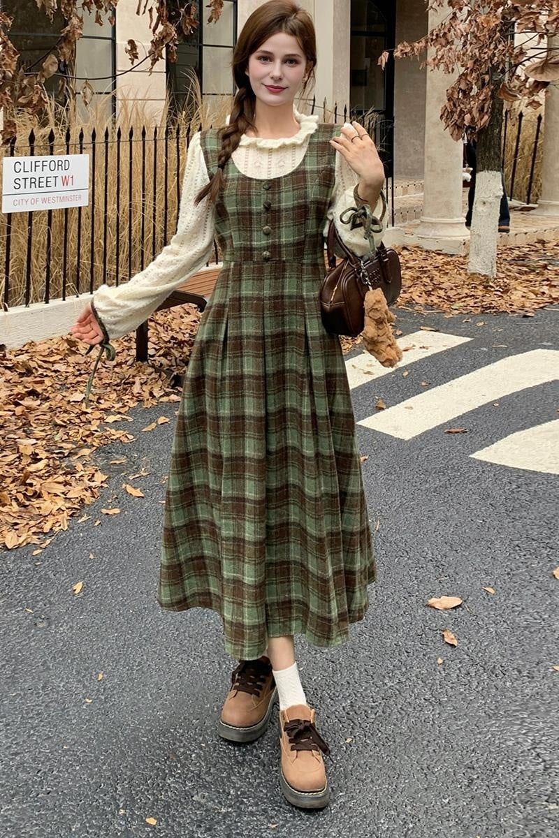 Vintage Style Green Plaid Long Dress