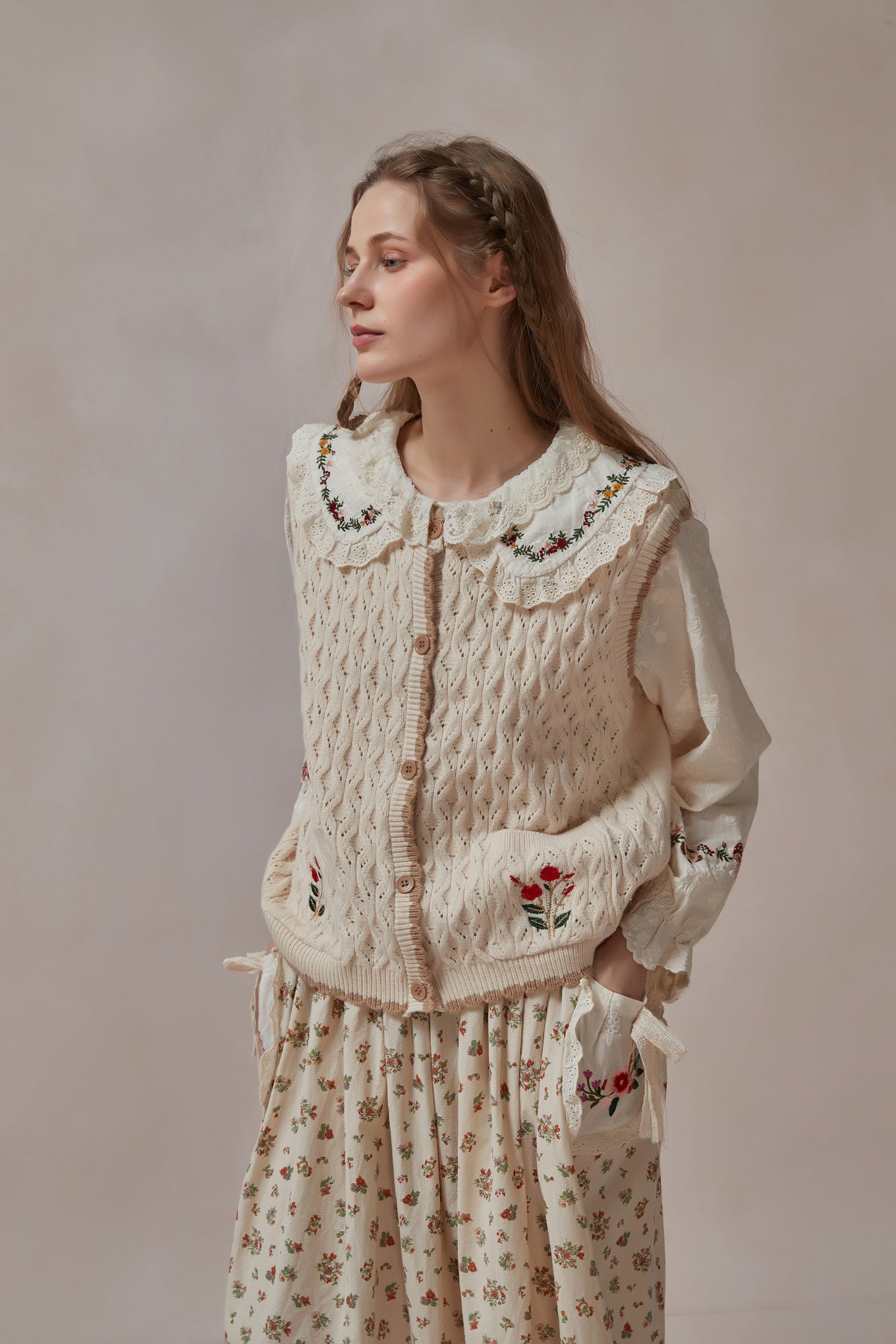 Mori Kei Embroidered Cable Knit Vest