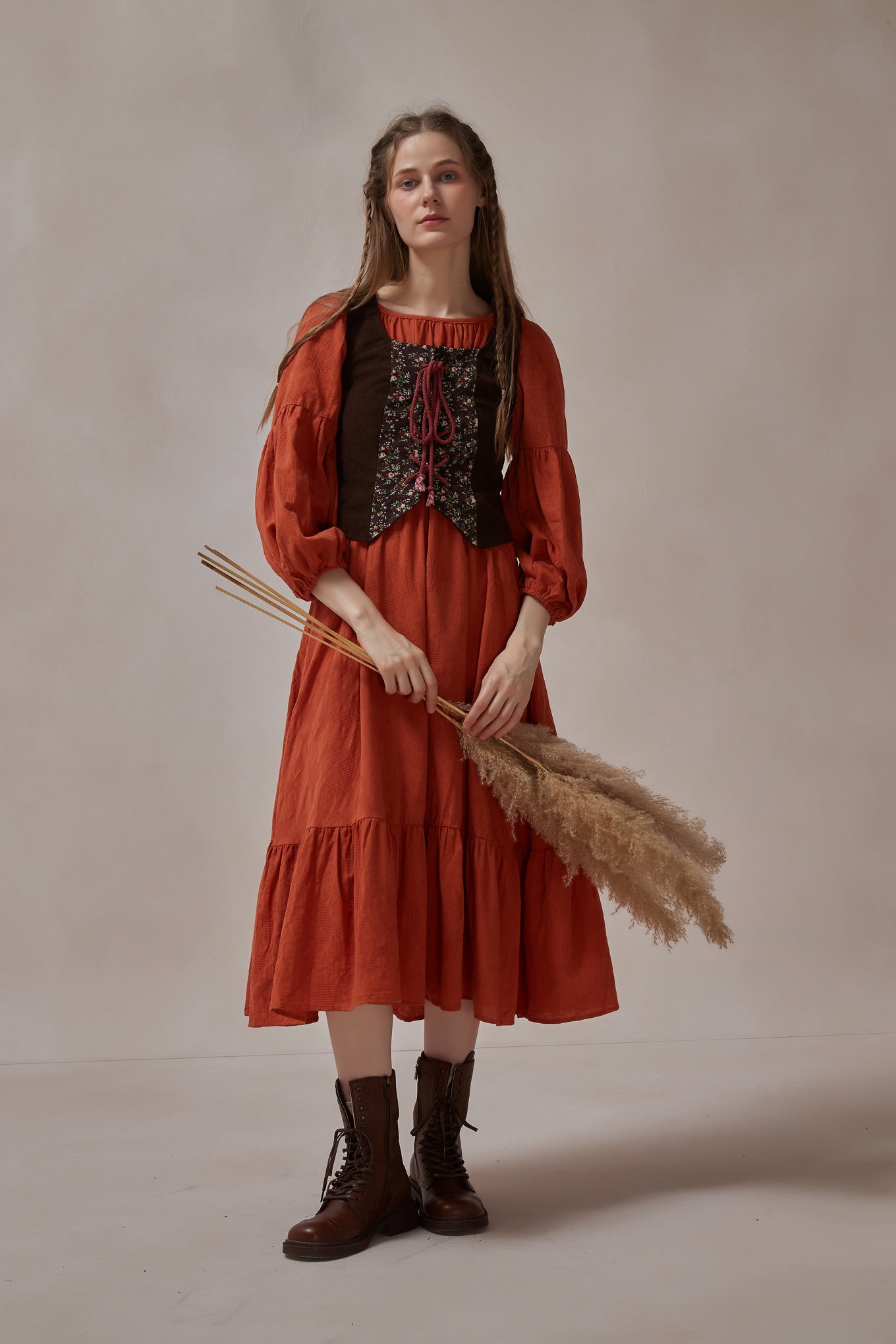 Cottagecore Retro Corset Maxi Dress Set 2 Pcs