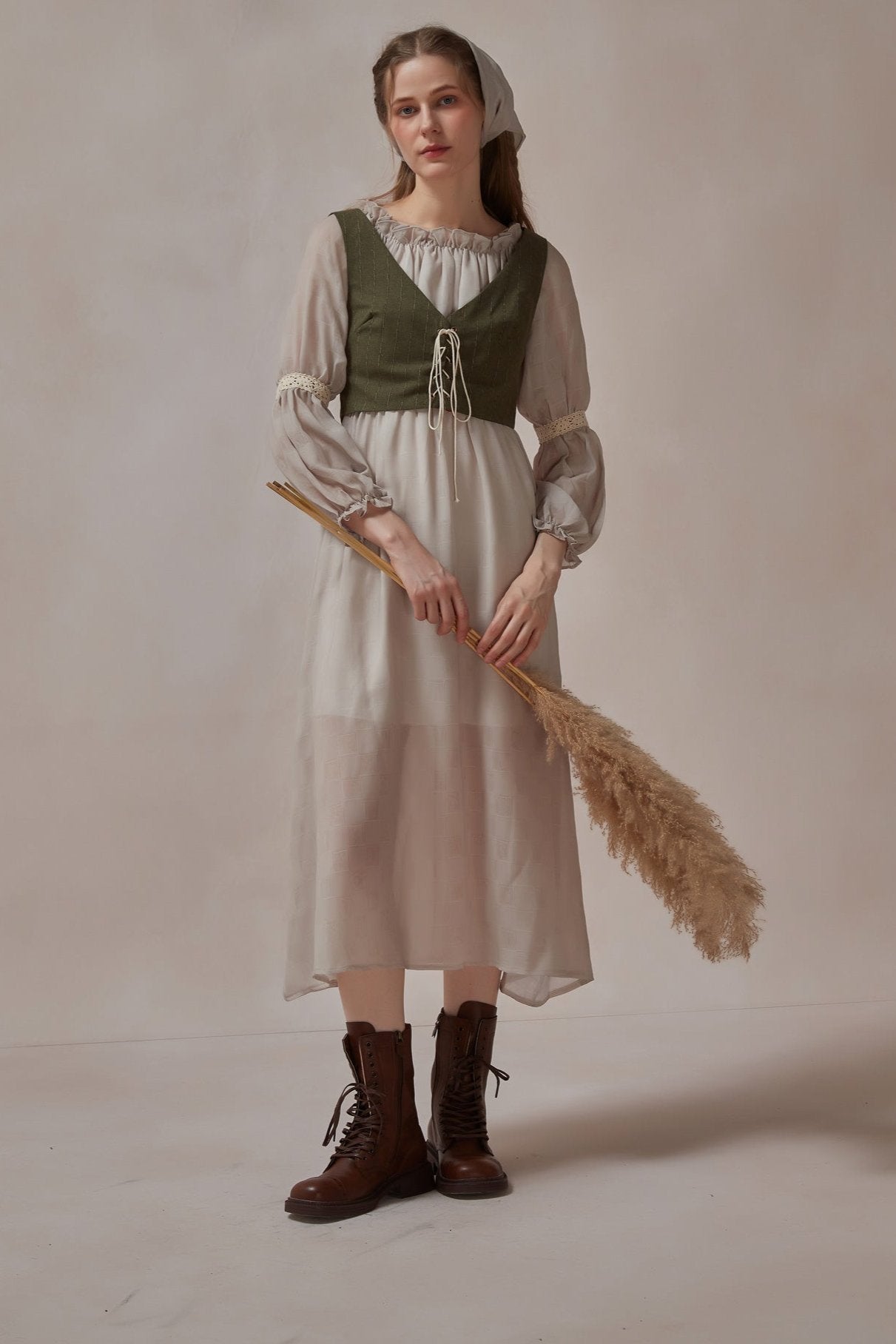 Cottagecore Dress Vintage Corset Kerchief 3 Pcs