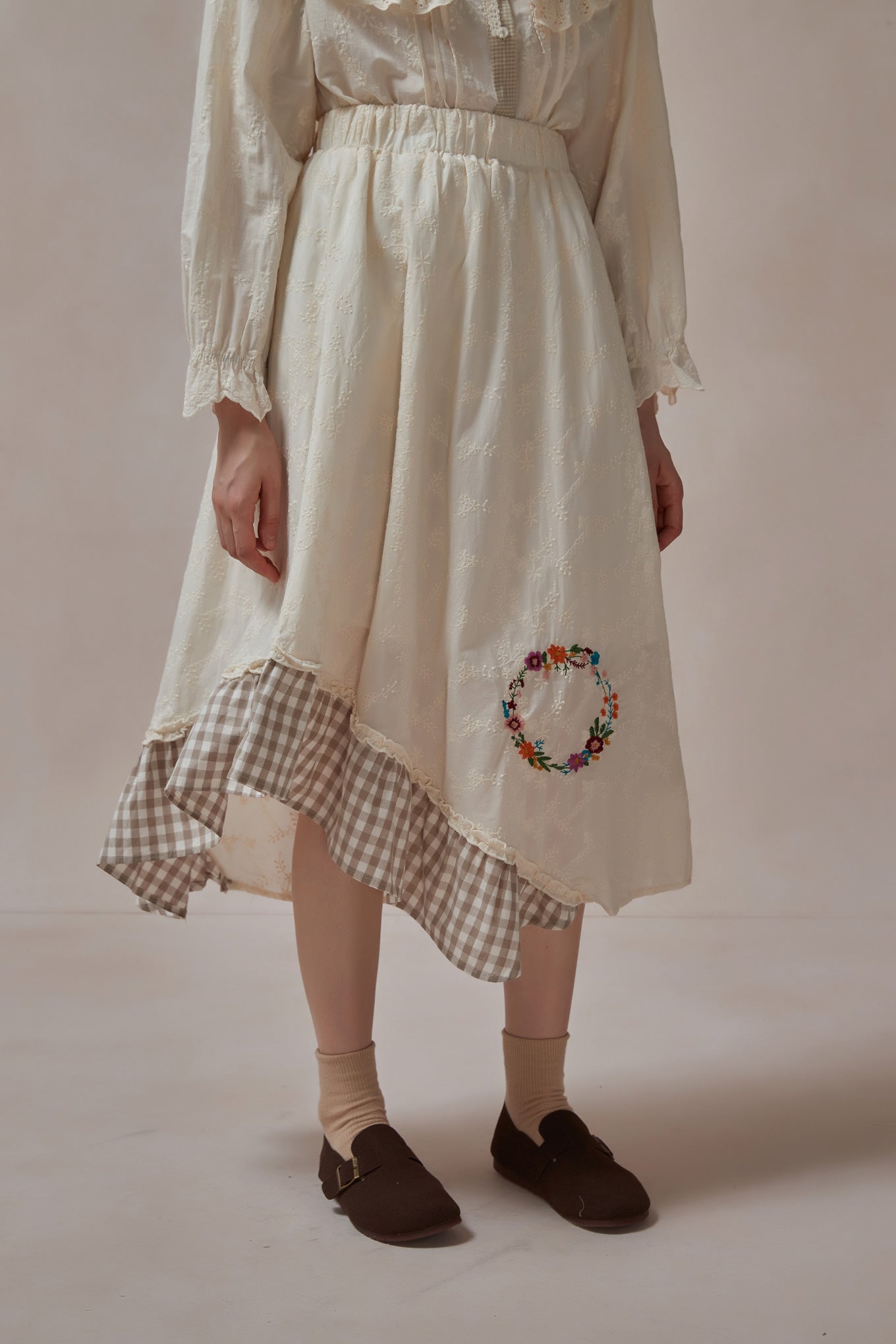 Cottagecore Cotton Embroidered Midi Skirt