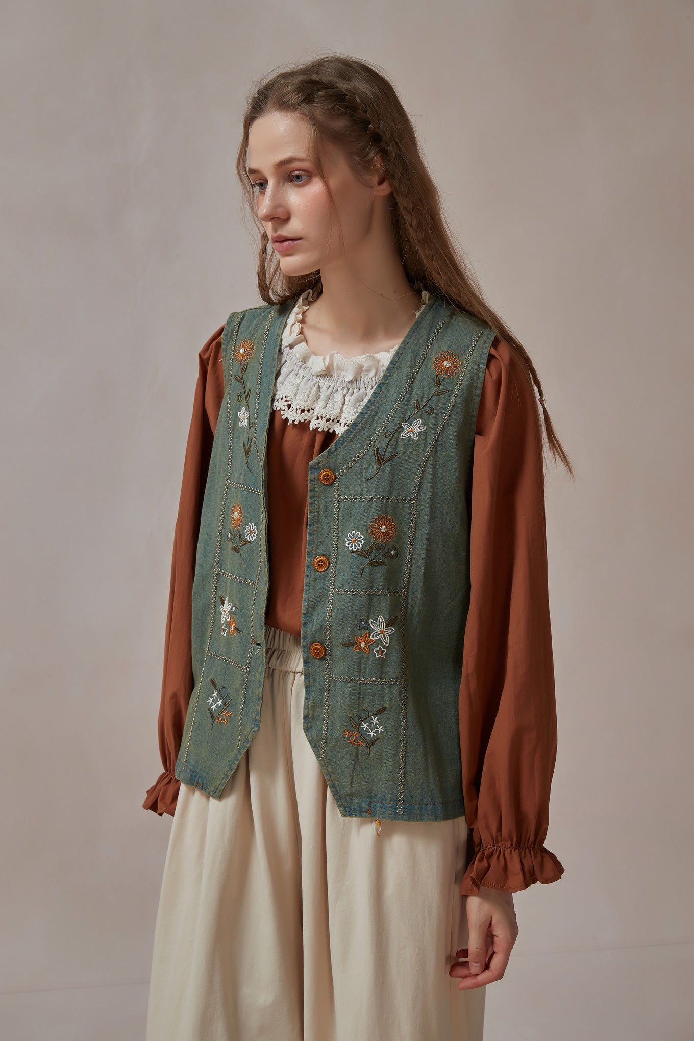 Cottagecore Embroidered Denim Vest Jacket