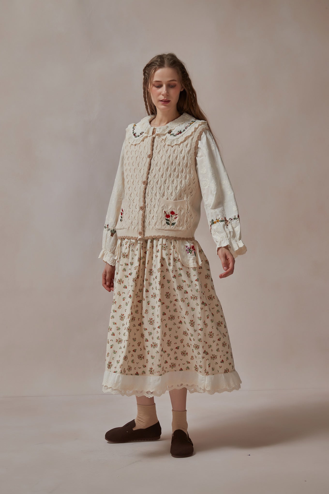 Mori Kei Embroidered Cable Knit Vest