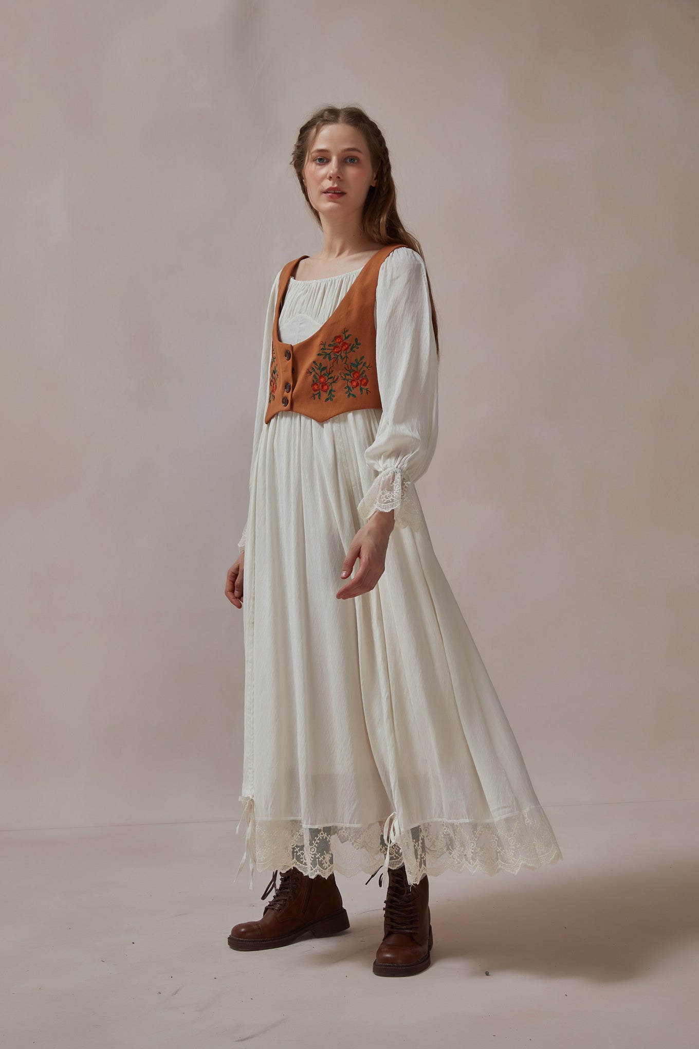 Cottagecore Floral Embroidered Maxi Dress Vest 2 Piece Sets