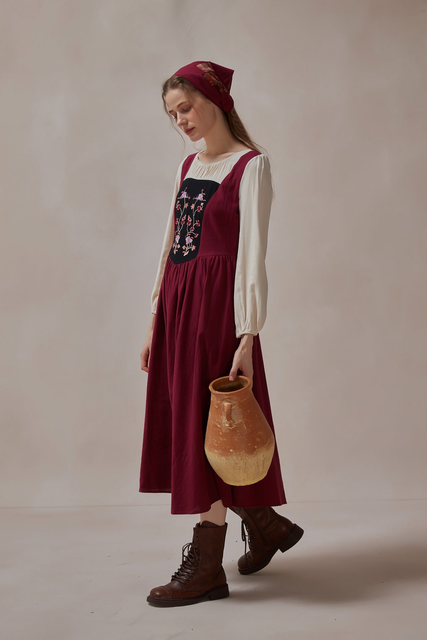 Cottagecore Retro Floral Embroidered Maxi Dress With Kerchief