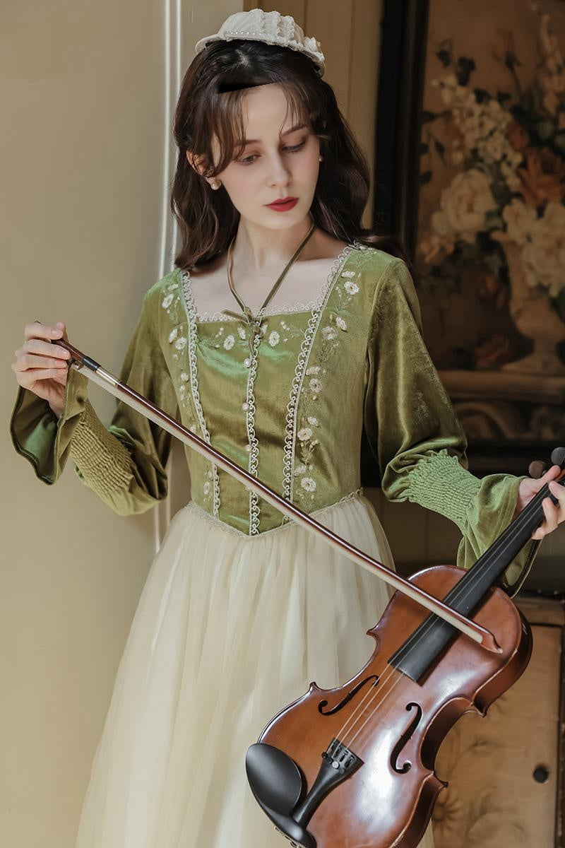 Vintage Embroidered Velvet Mesh Patchwork Dress