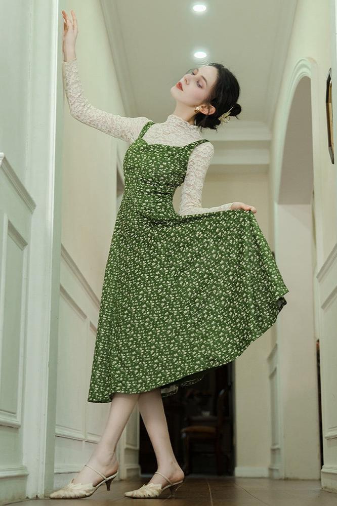 Fairycore Green Floral Velvet Dress Lace Top 2 PCs