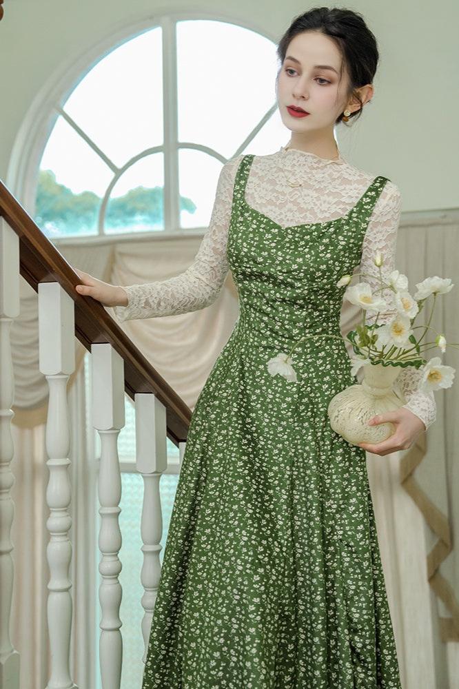 Fairycore Green Floral Velvet Dress Lace Top 2 PCs