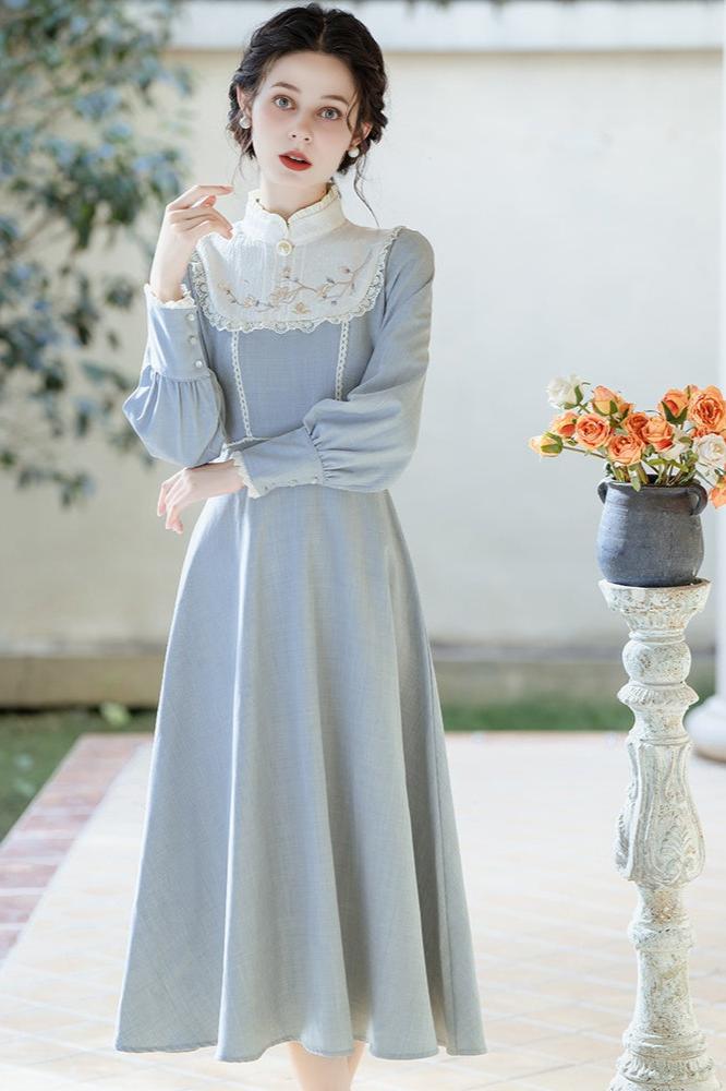 Vintage Style Blue Embroidered Dress