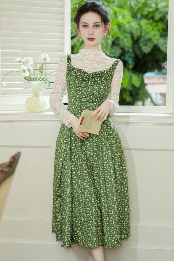 Fairycore Green Floral Velvet Dress Lace Top 2 PCs
