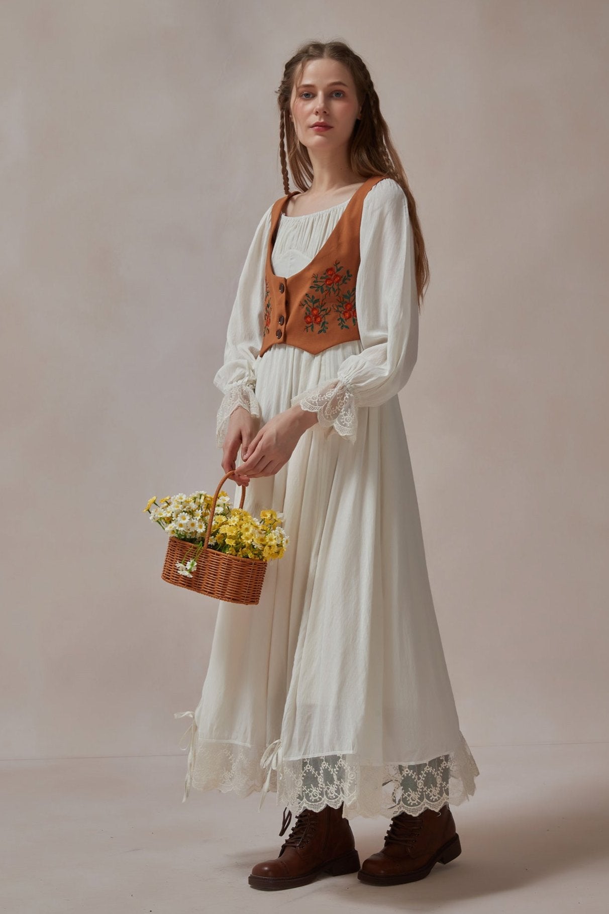 Cottagecore Floral Embroidered Maxi Dress Vest 2 Piece Sets