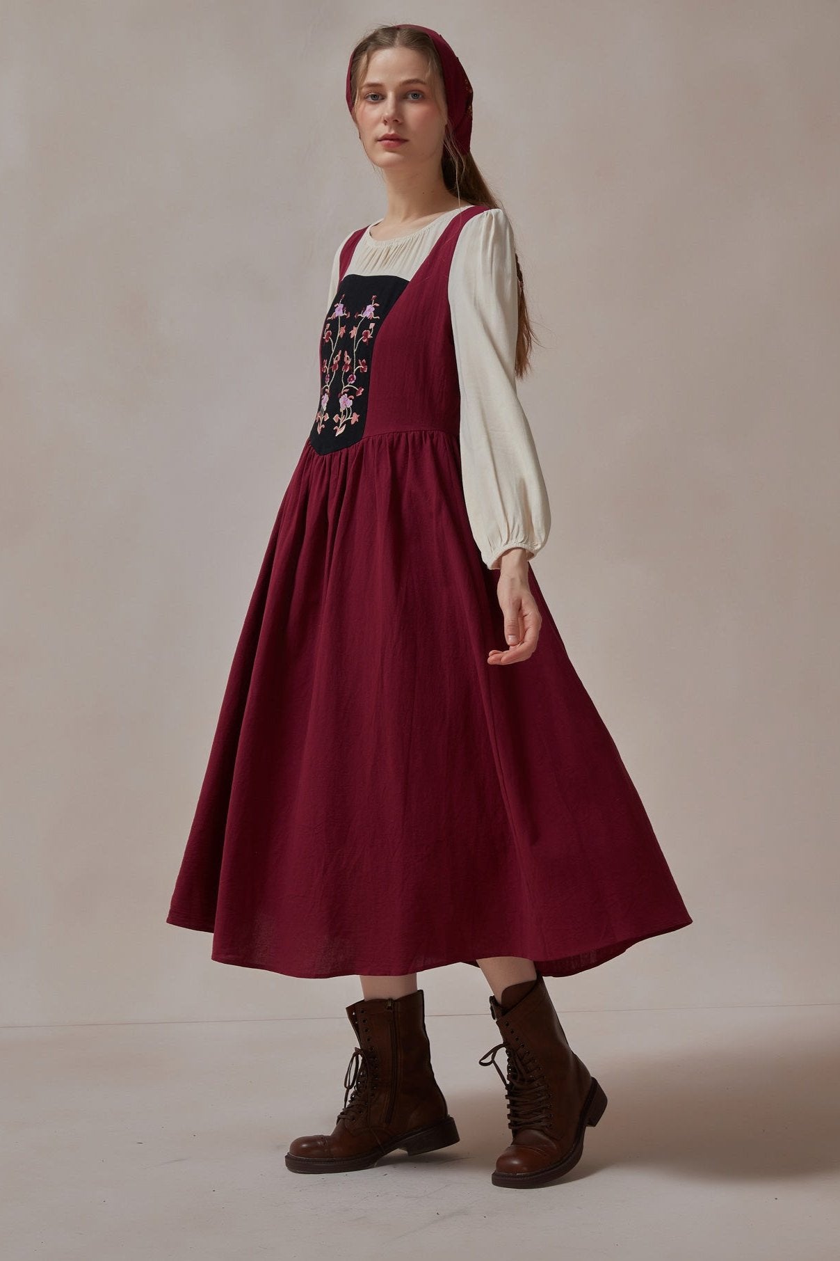 Cottagecore Retro Floral Embroidered Maxi Dress With Kerchief