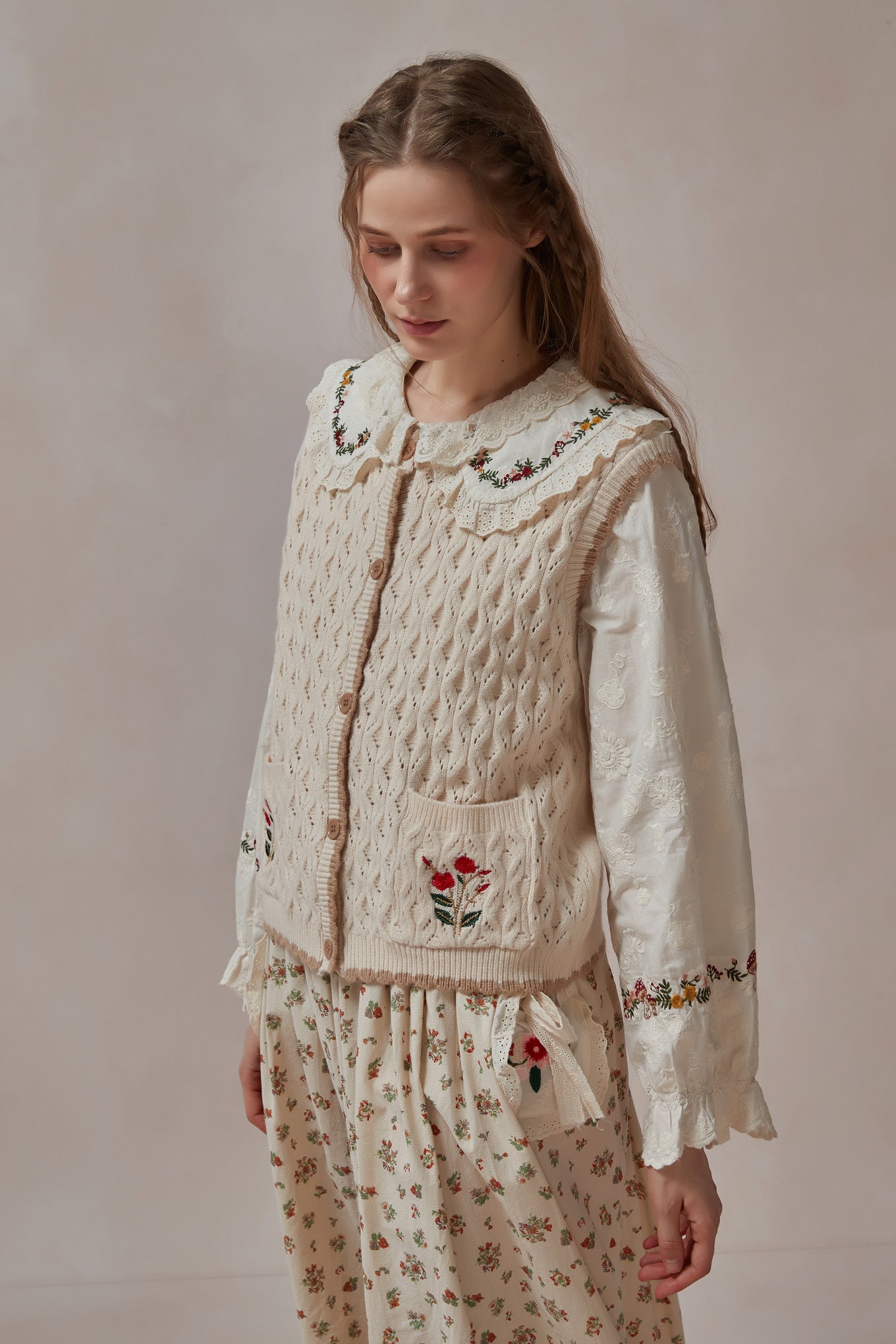 Mori Kei Embroidered Cable Knit Vest