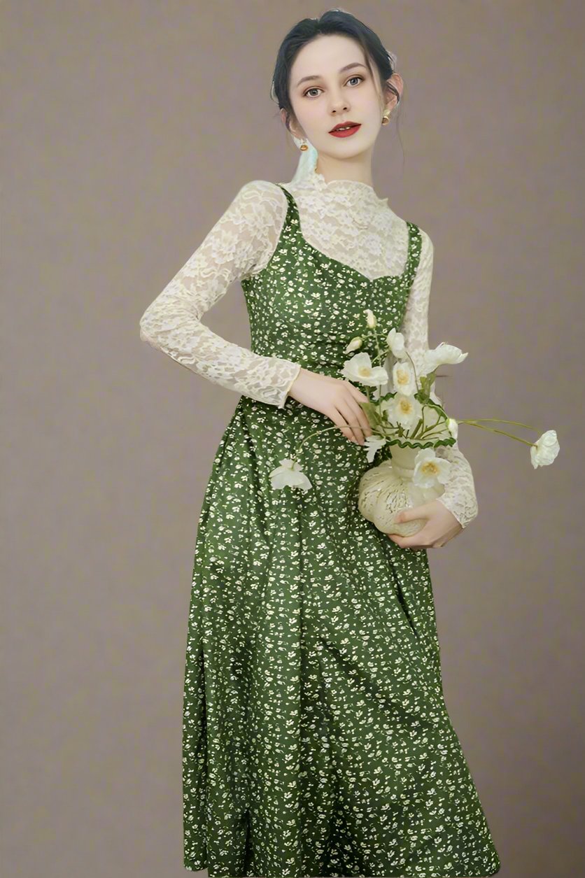 Fairycore Green Floral Velvet Dress Lace Top 2 PCs