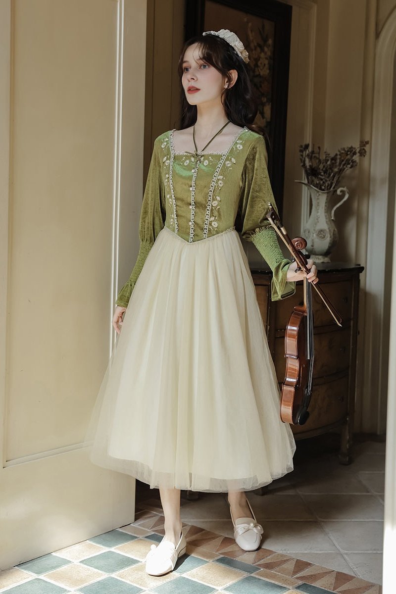 Vintage Embroidered Velvet Mesh Patchwork Dress