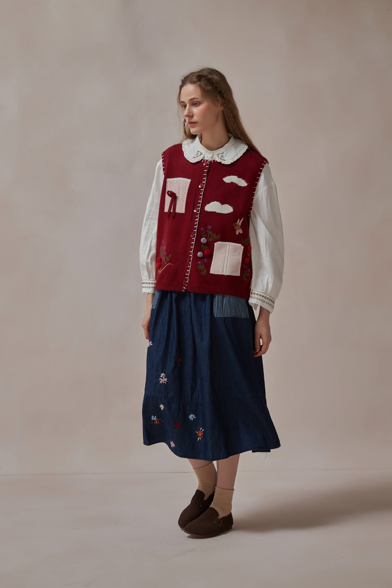 Vintage Style Embroidered Dark Blue Danim Midi Skirt