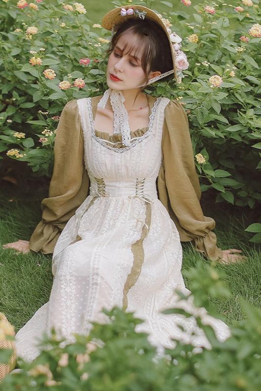 Cottagecore Lace  Lace up Dress