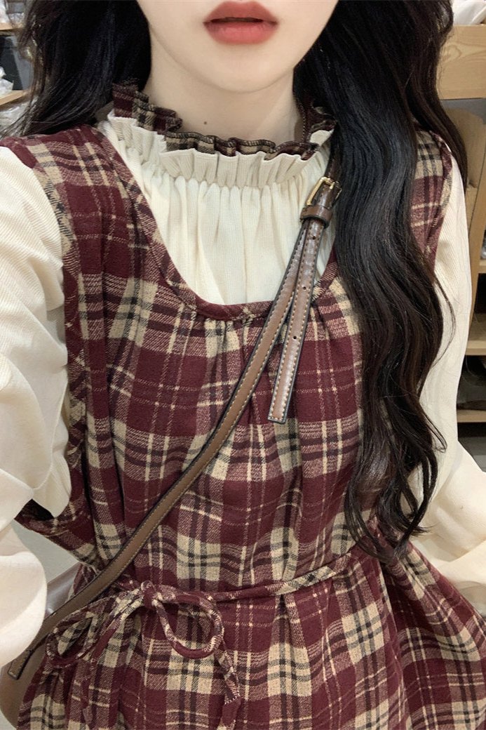 Vintage Style Red Plaid Corduroy Dress 2 PCs