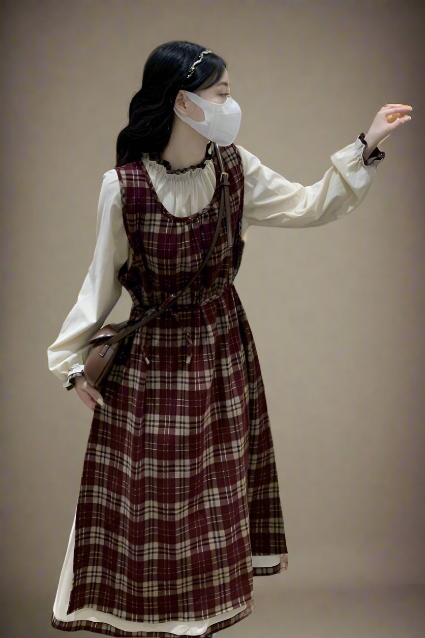 Vintage Style Red Plaid Corduroy Dress 2 PCs