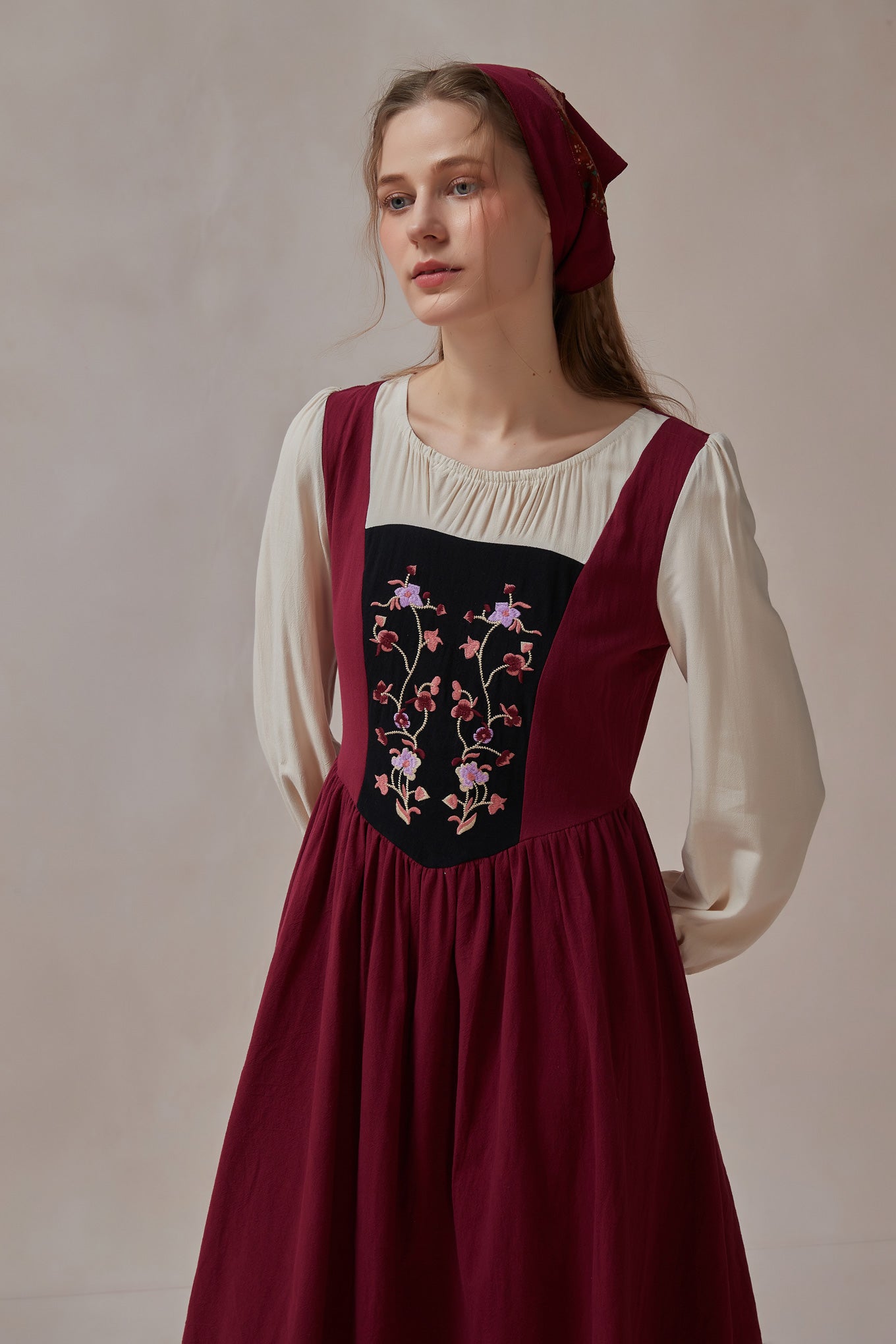 Cottagecore Retro Floral Embroidered Maxi Dress With Kerchief