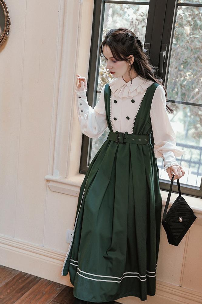 Retro Style Green Belted Dress