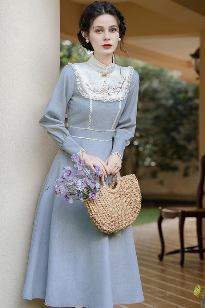 Vintage Style Blue Embroidered Dress