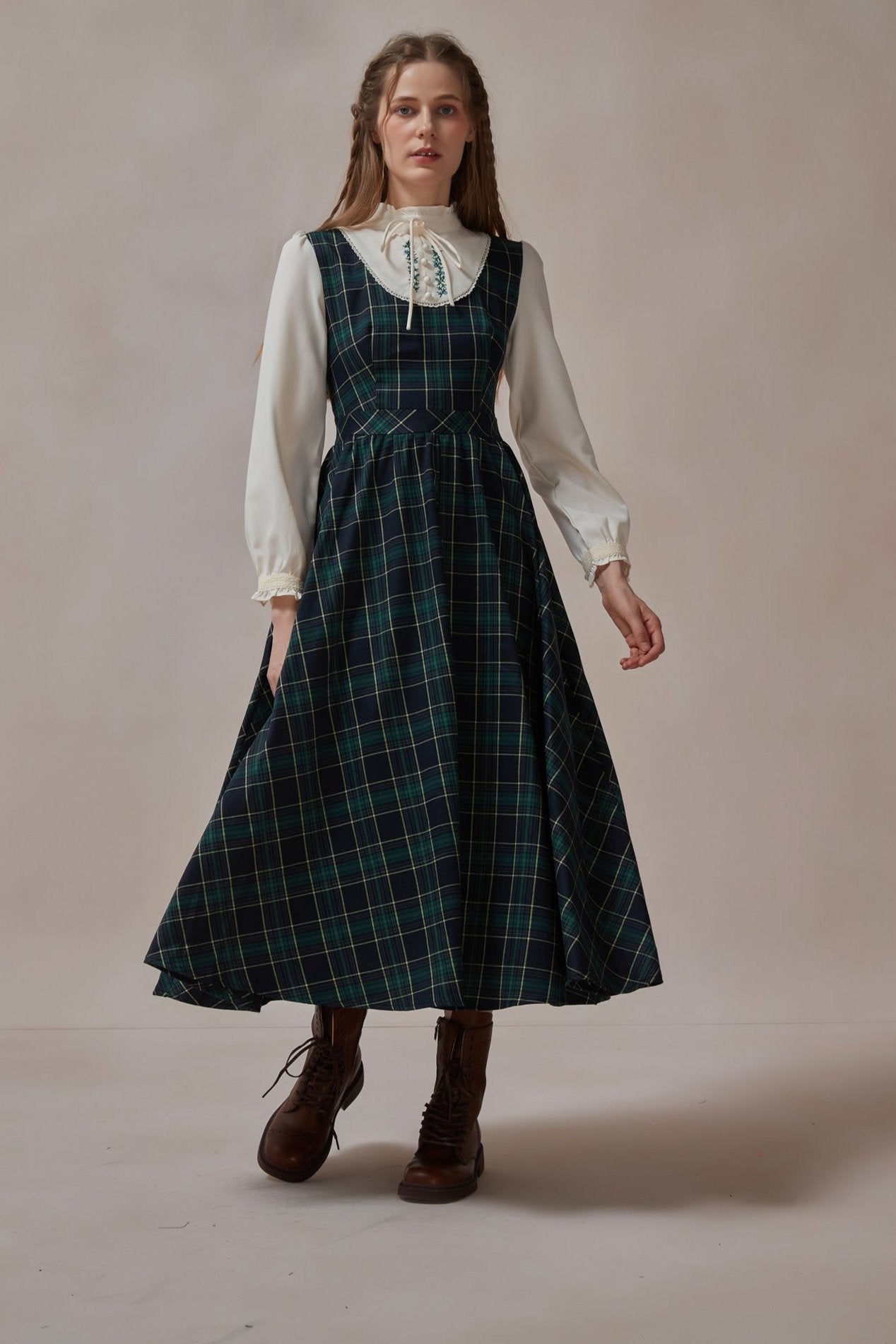 Retro Style Green Plaid Maxi Dress