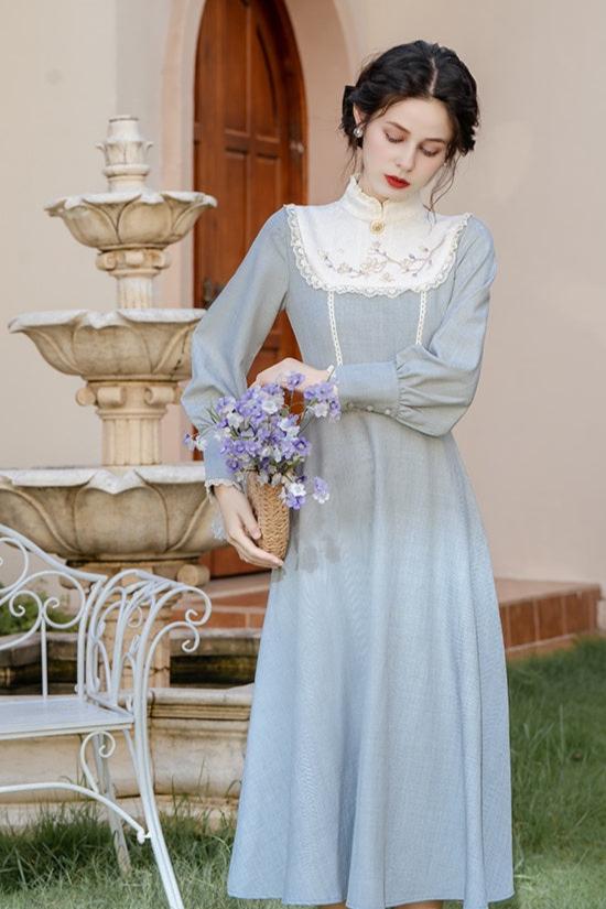 Vintage Style Blue Embroidered Dress