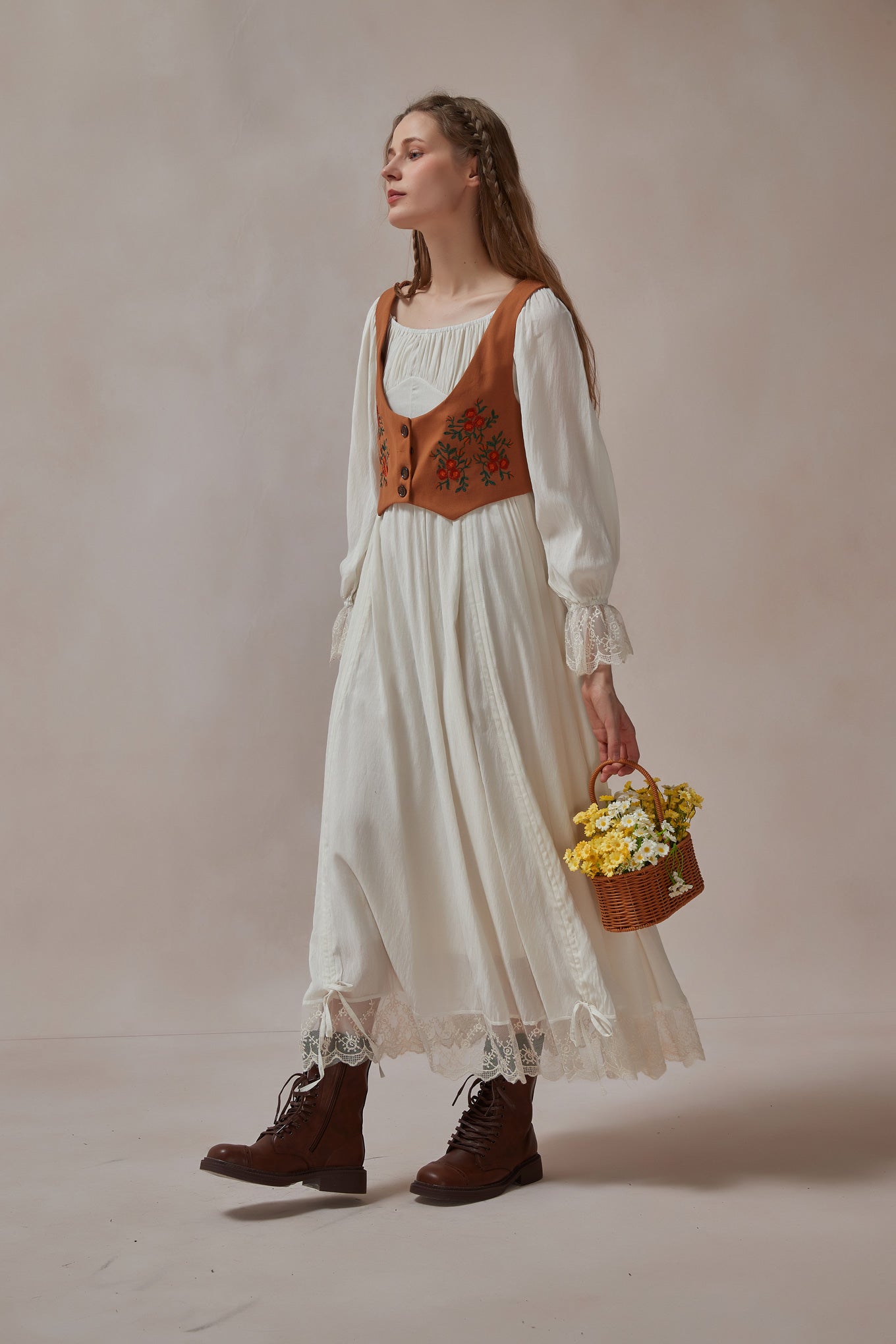 Cottagecore Floral Embroidered Maxi Dress Vest 2 Piece Sets