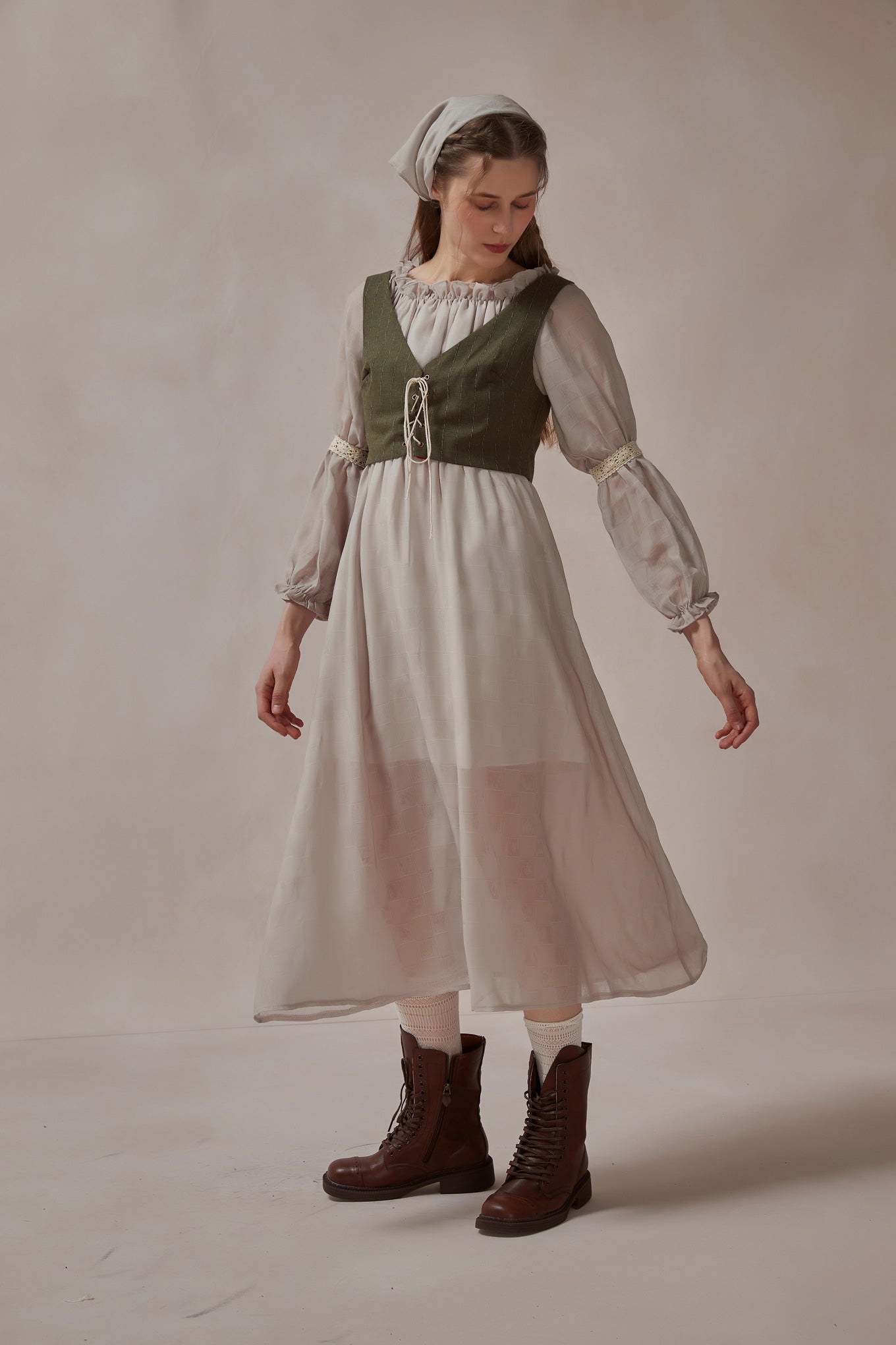 Cottagecore Dress Vintage Corset Kerchief 3 Pcs