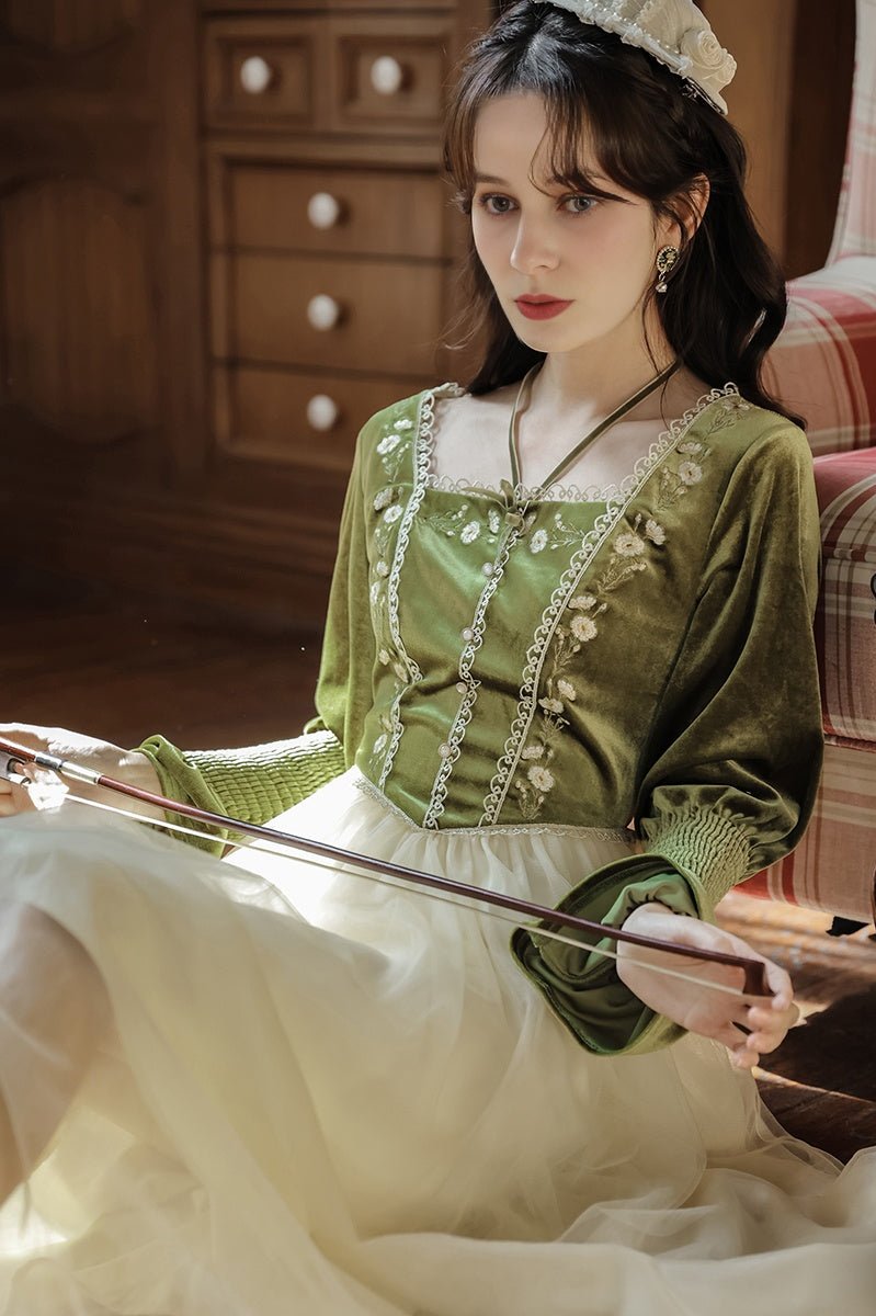 Vintage Embroidered Velvet Mesh Patchwork Dress