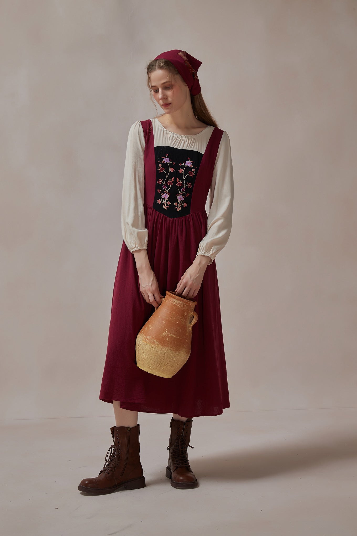 Cottagecore Retro Floral Embroidered Maxi Dress With Kerchief